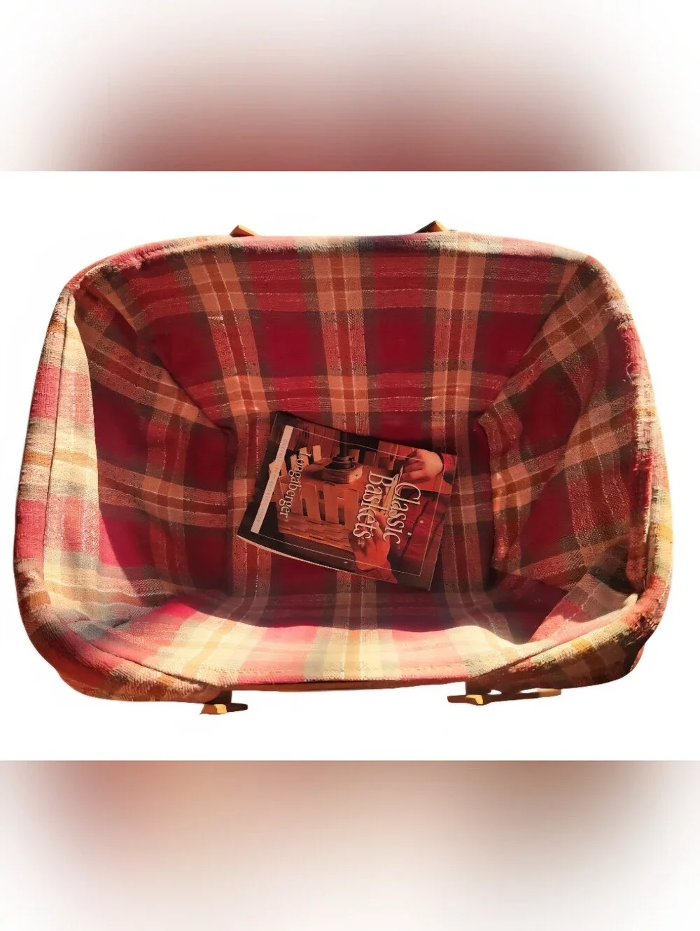 Longaberger Brown Woven Basket with Red Plaid Liner